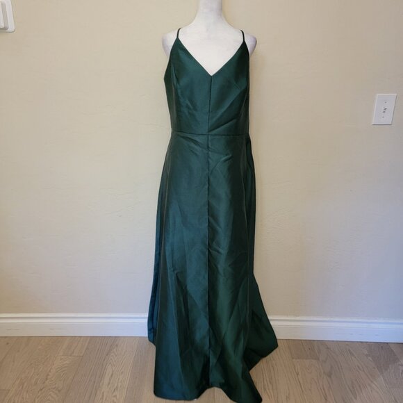 Alfred Sung Hunter Green V Neck Full Skirt Satin Maxi, D750, Size 18, $160 - Picture 1 of 7